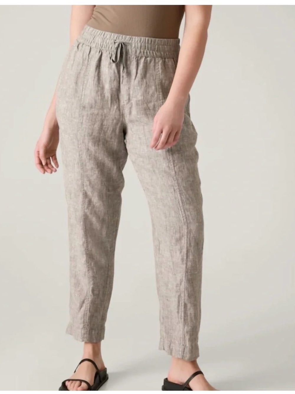 Athleta Retreat Linen Ankle Pants Heathered Taupe, Elastic Drawstring Waist, XS